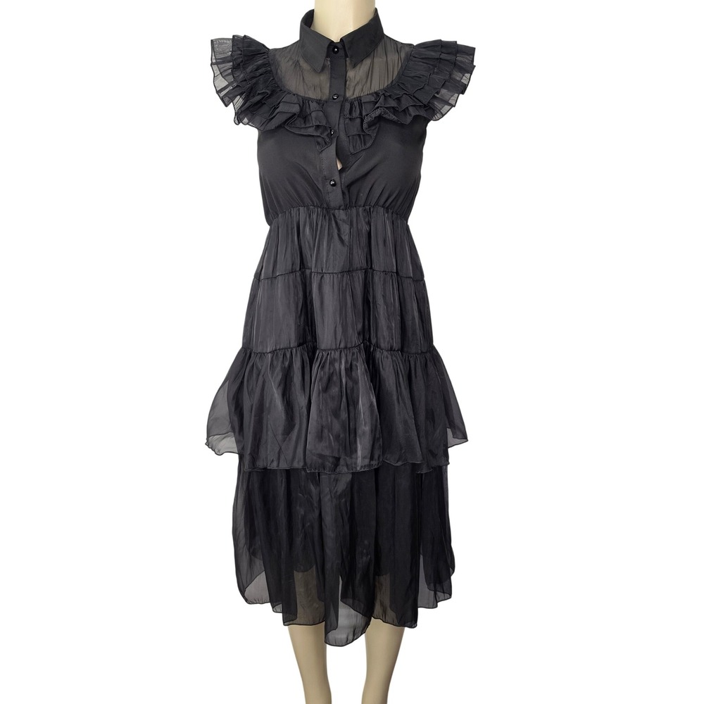 Black Tiered Midi Dress Ruffle Cap Sleeve Wednesday Whimsygoth Gothic Romantic